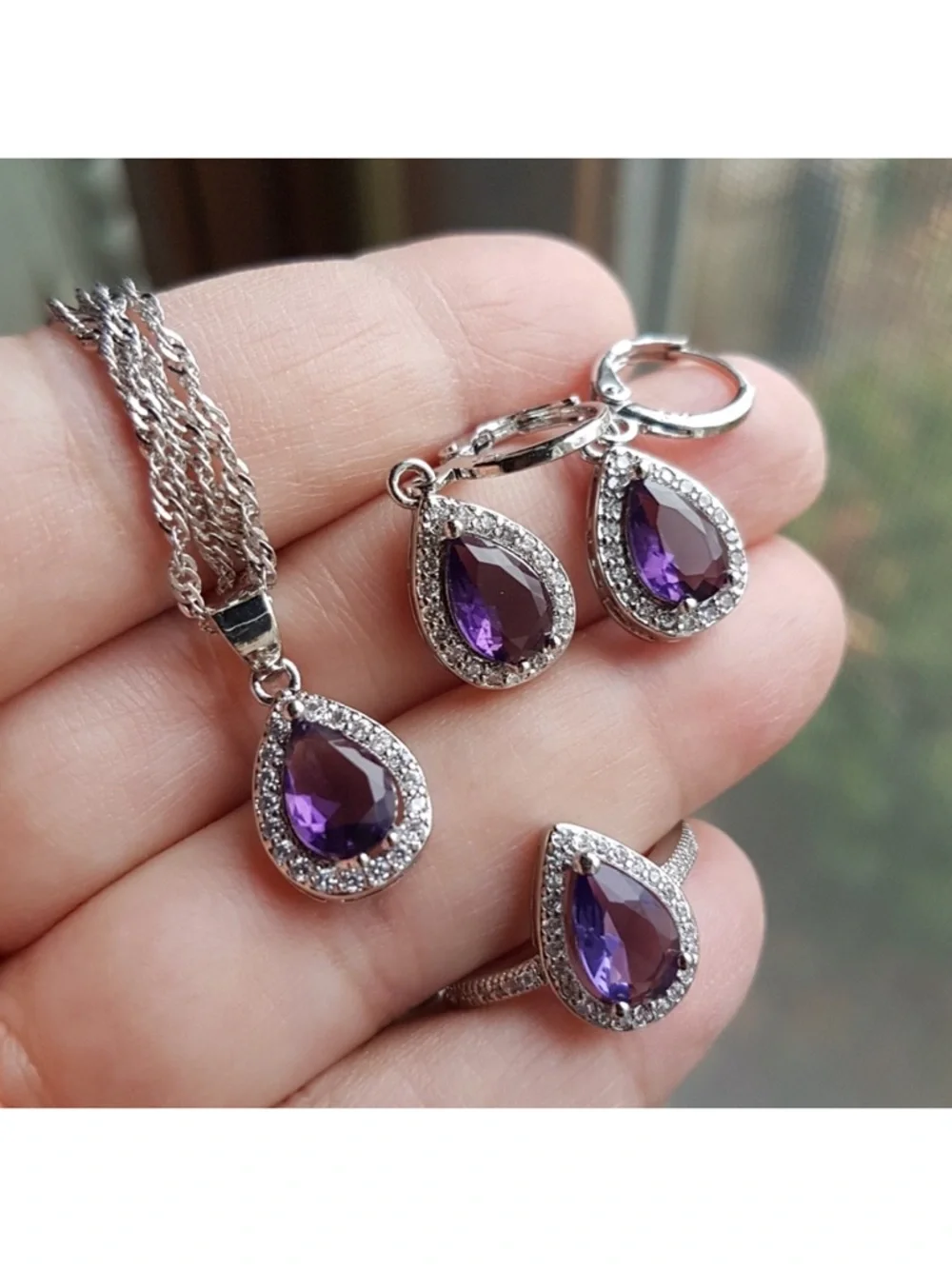Swarovski Elements 925 Sterling Silver Amethyst Purple Teardrop Ring NEW